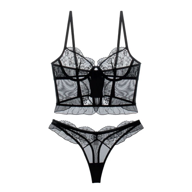 European and American sexy fishbone corset thin hollow lace underwear big chest small French underwear suit