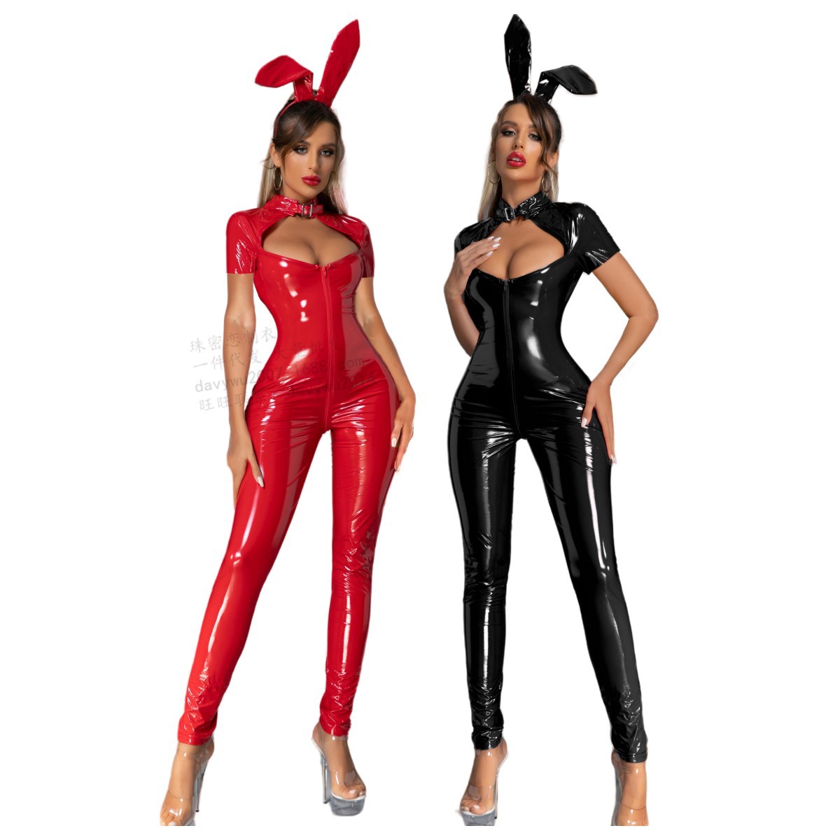 Amazon European and American Bunny Girl Cross-Border Patent Leather Suit Bright Leather Sexy Jumpsuit Jumpsuit Suit