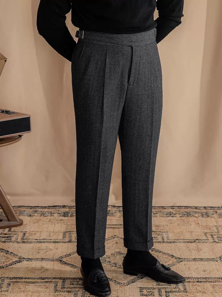 Mr. Lu San's Vintage Wool Herringbone Pattern Gurkha Casual Pants, British-Style Peaky Blinders Warm High-Waisted Straight-Leg Pants