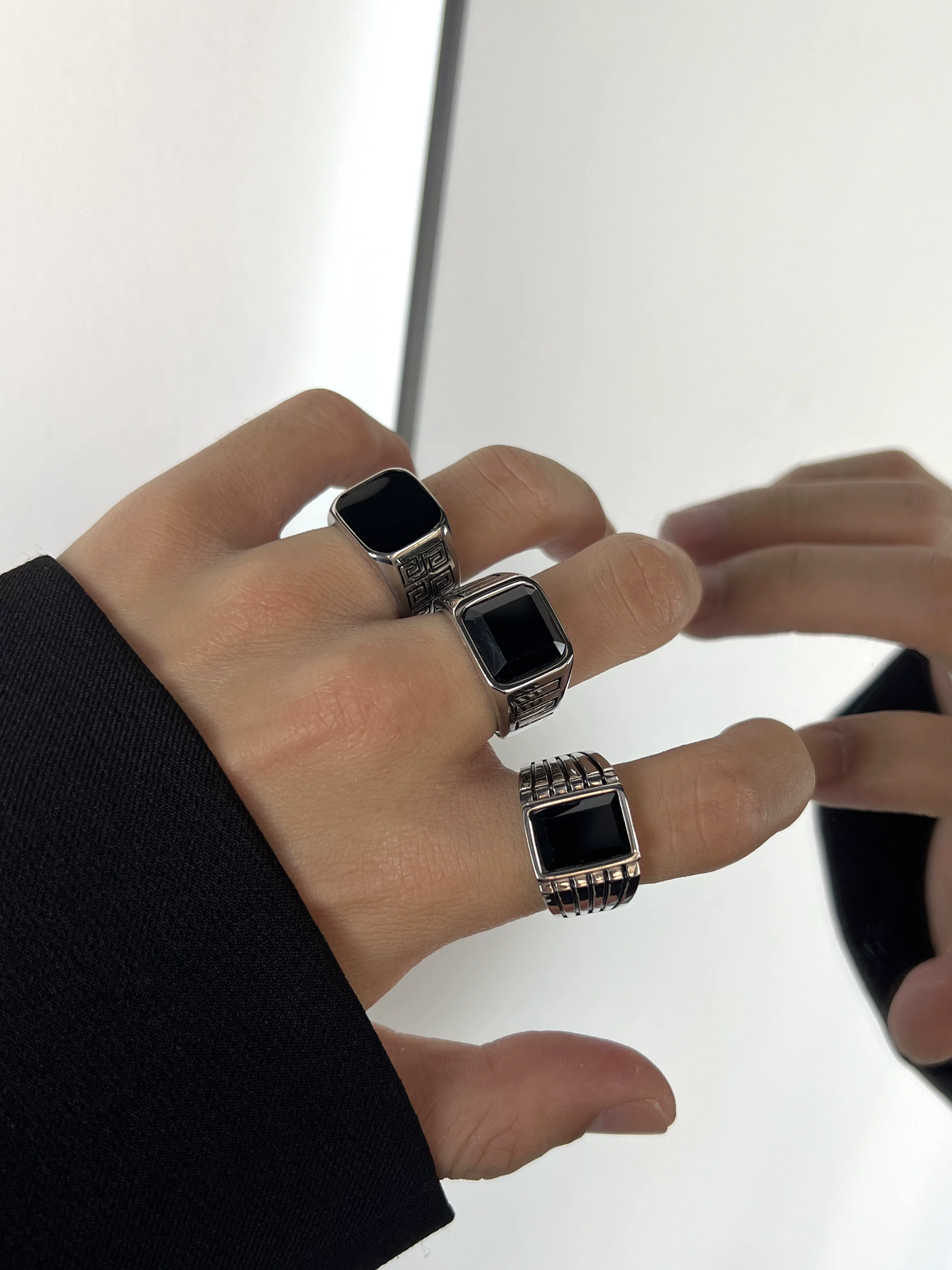 Black Gemstone Titanium Steel Men's Ring, Trendy Brand, European and American Style, High-End Feel, Index Finger Ring, Women's Retro Hip-Hop Ring
