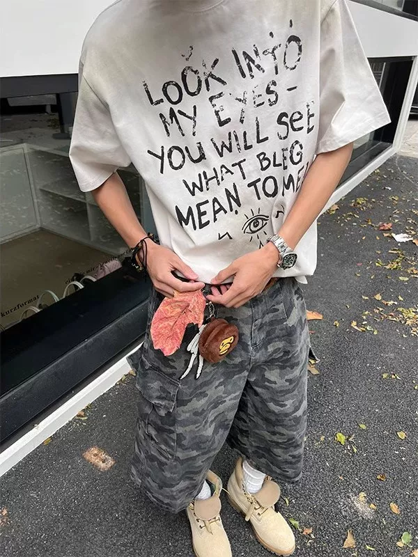 American Retro Embroidered Camouflage Pocket Cargo Capri Pants for Men and Women, Summer Trendy Loose Casual Versatile Wide-Leg Shorts