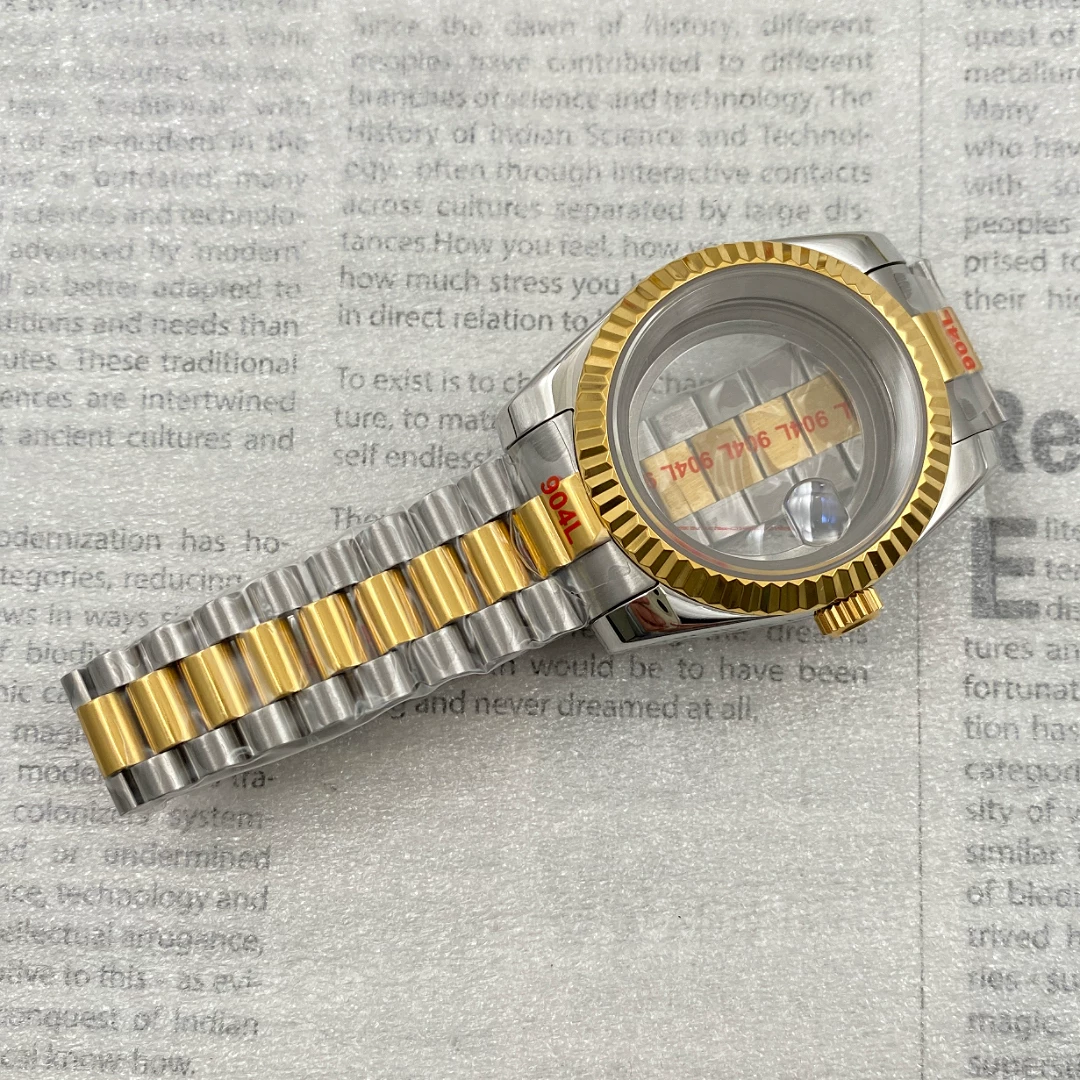 Dog Tooth Bezel Watch Case Strap Gold Sapphire Glass Stainless Steel Case Presidential Strap with Round Buckle Suitable for Nh35 Movement