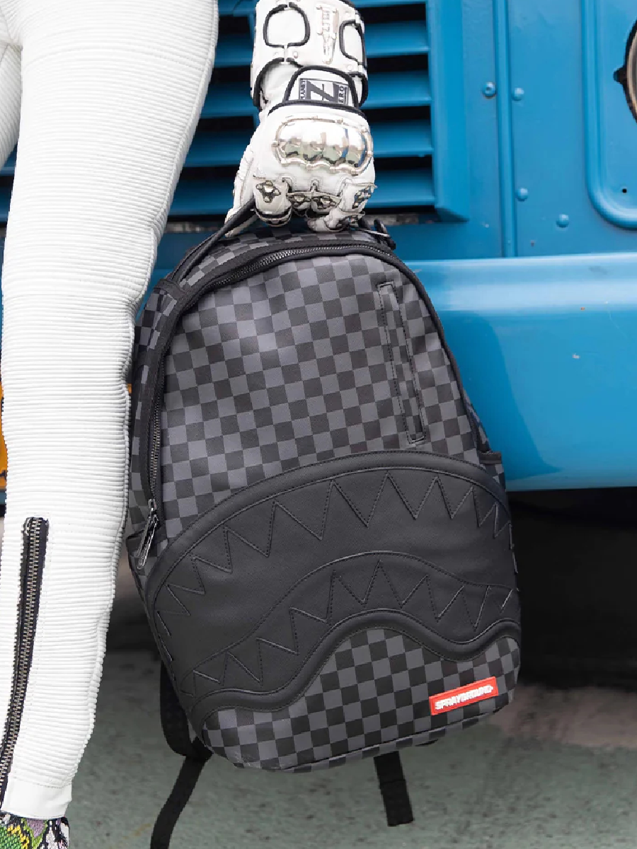Sprayground Backpack Black Brown Paris Plaid Shark Mouth Stylish Street Style Backpack for Male and Female Students