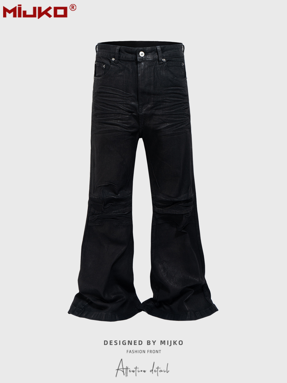 MIJKO Men's Wear Women's Black Coated Trousers Unisex Crease Textured Wide Feet Micro-BootCut Jeans