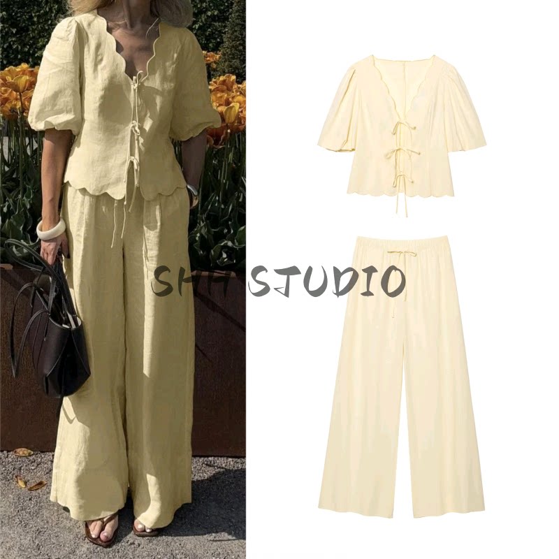 Cream Polyester Wide Leg Pants and Blouse Set