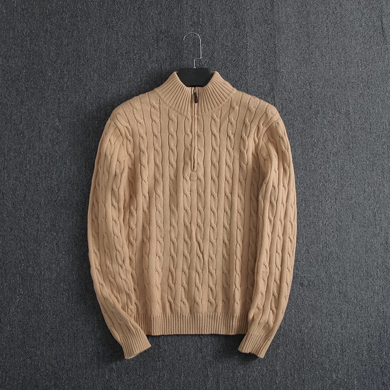 Men's Cable-Knit Pullover Long-Sleeve Knit Sweater with Half-Zip