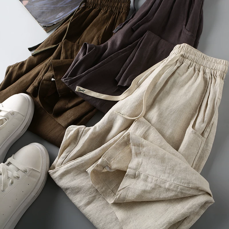 Men's Elastic Waist Loose Breathable Cotton Linen Straight-Leg Casual Pants