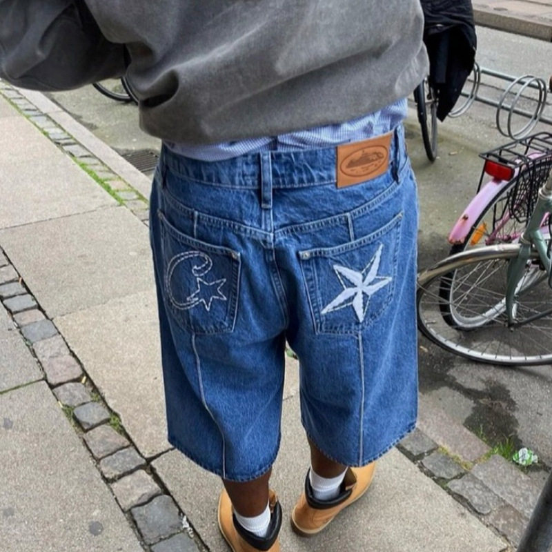European and American Cross-Border Corteiz Alcatraz Star Embroidered Jeans Men's High Street Retro Distressed Shorts Five-Point Pants