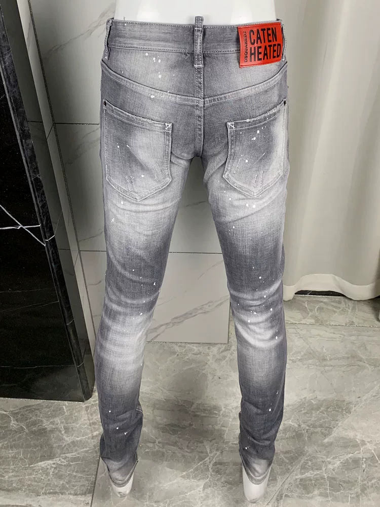 DSquared2 Men's Washed Gray Spray Painted Distressed Stretch Slim Fit Jeans