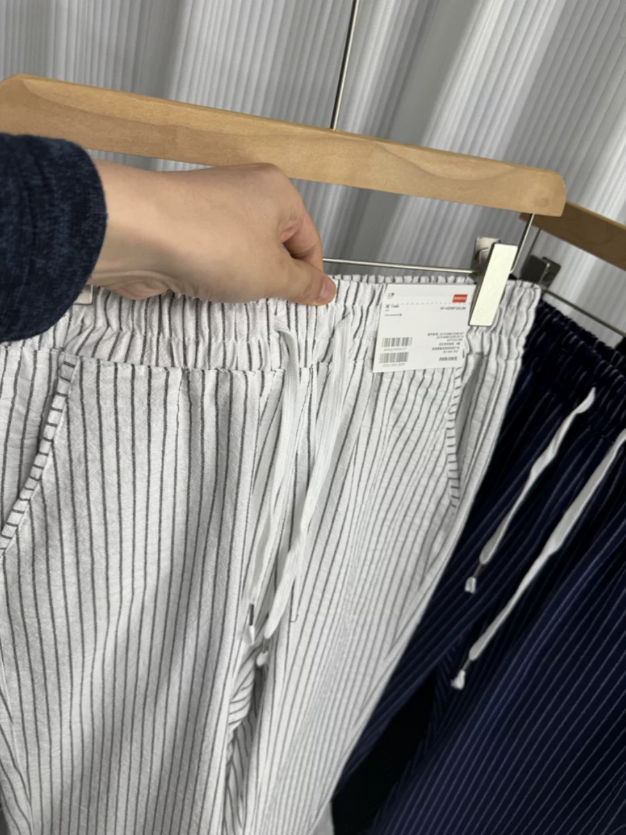 Vertical Stripes! Bubble Gauze Texture! Summer Men's Export Breathable and Cool Elastic Waist Casual Cotton and Linen Long Pants