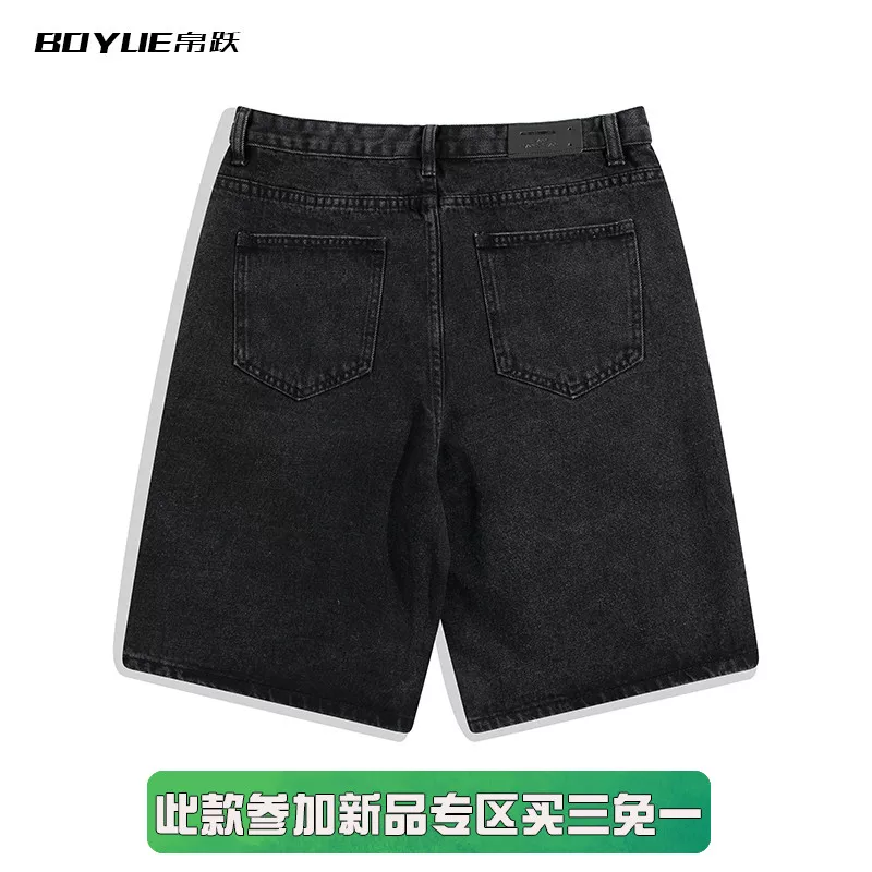 Boyue Summer Casual Solid Color Denim Shorts for Men High Street Five-Point Straight Pants Trendy Brand ins Cool and Loose Fit