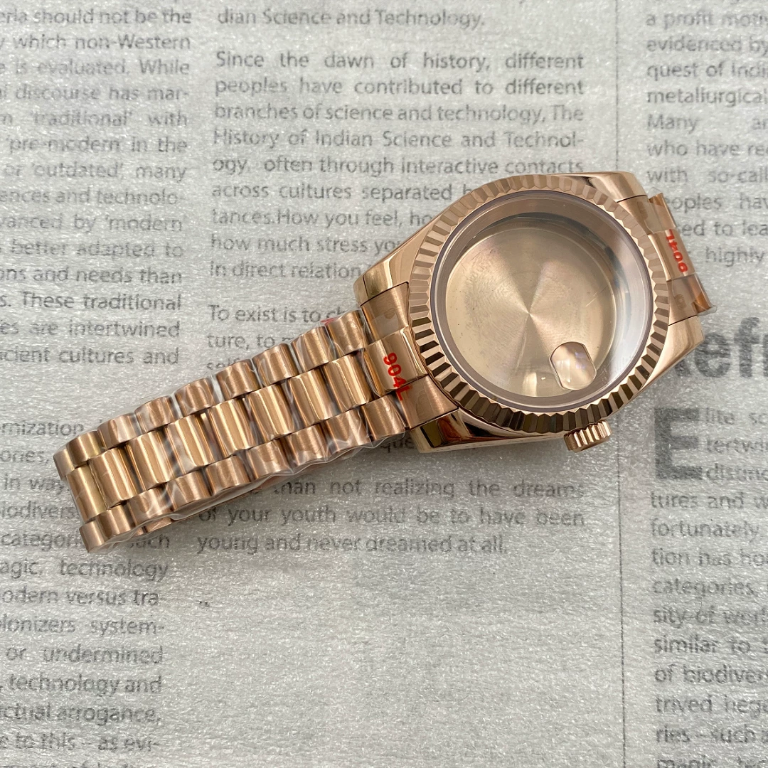Dog Tooth Bezel Watch Case Strap Rose Gold Sapphire Glass Stainless Steel Case Presidential Strap with Round Buckle Suitable for Nh35 Movement