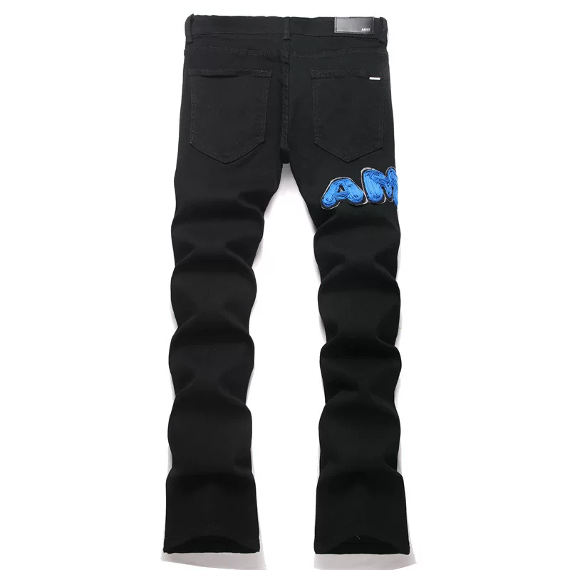 Men Slim Flared Jeans Men's Letter Embroidered Black Straight-Leg Slim-Fit Micro-Flared Jeans