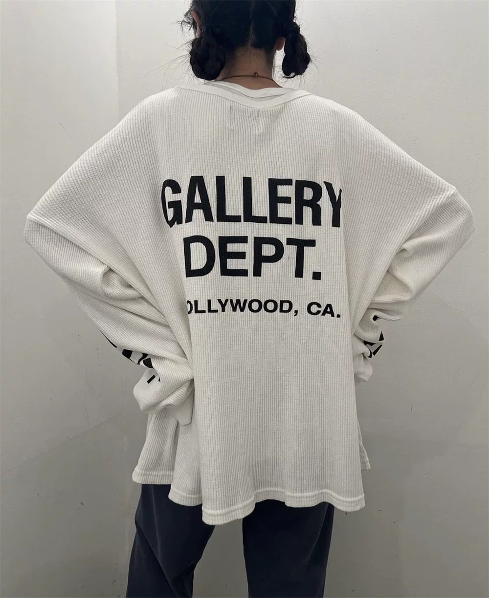 Gallery Dept Letter Print Logo High Street Trendy Waffle Long-Sleeve T-Shirt Autumn Loose Base Shirt