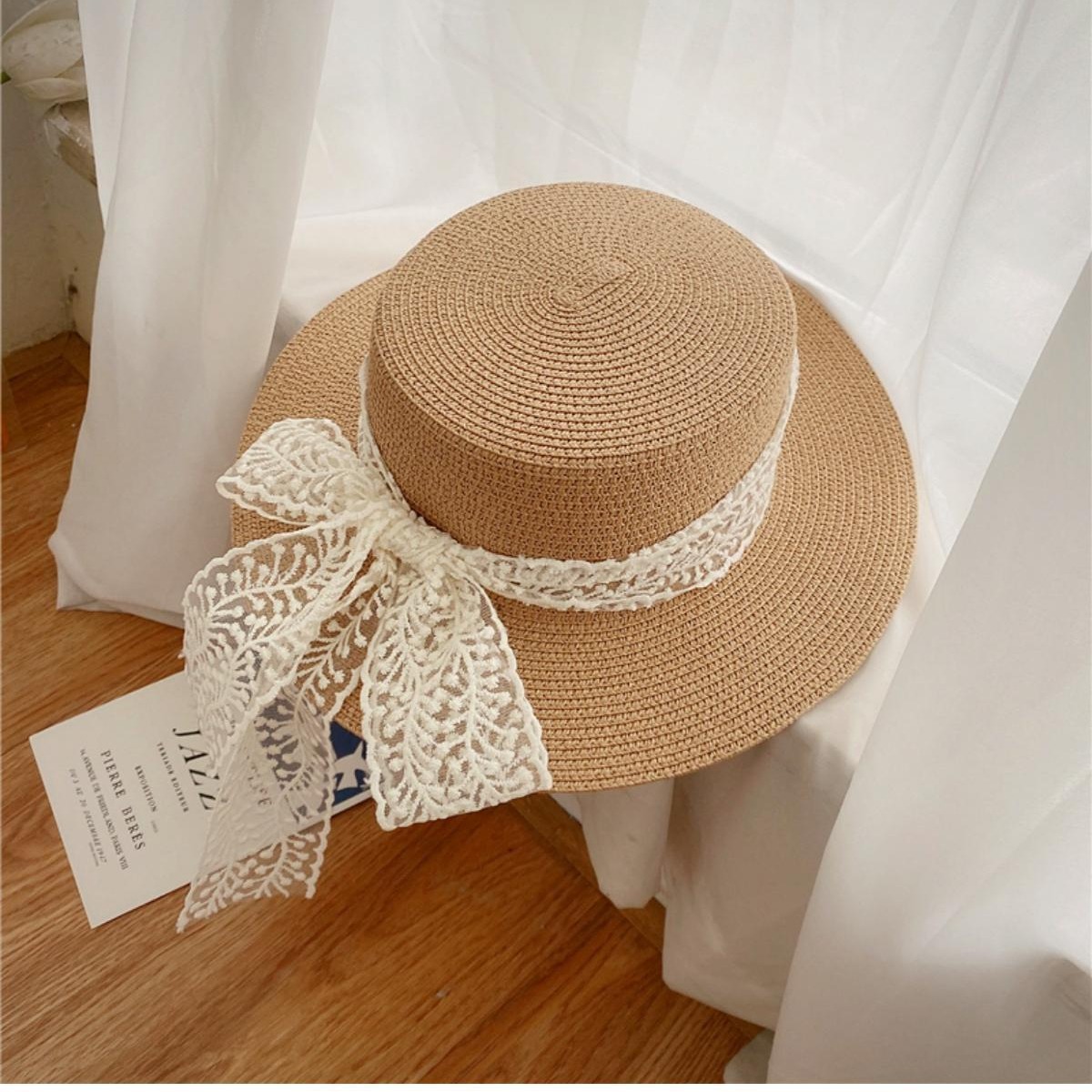 Japanese Style Fresh Style Pastoral Style Fashionable All-match Flat Top Lace Sunshade Hat Women's Straw Weaving Travel Sun Hat Sunscreen