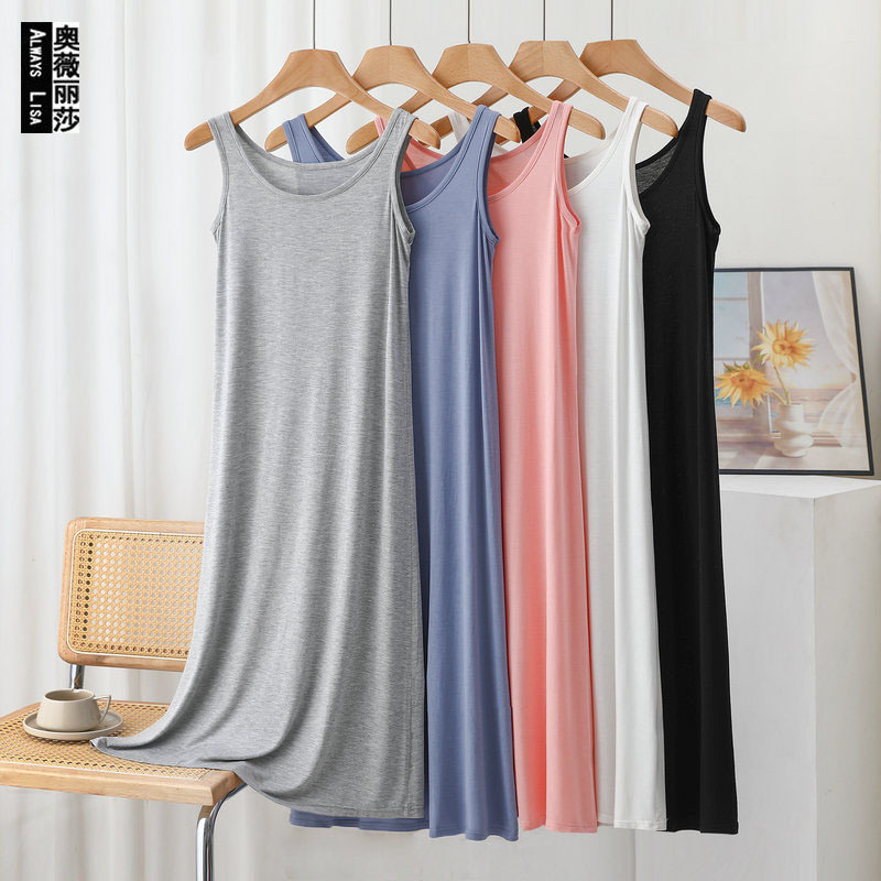 Plus size modal vest skirt women's spring and summer loose long dress solid color A- line bottoming skirt home nightdress