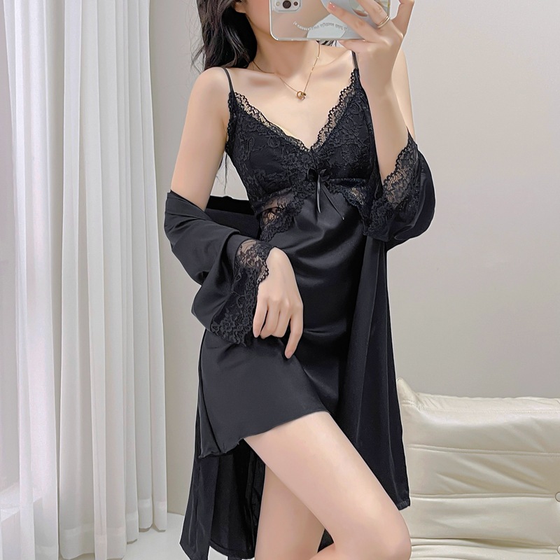 Pajamas for Women, Spring and Autumn Thin Ice Silk Camisole Nightdress and Robe Two-Piece Set with Chest Pads, Pure and Alluring Style with Chest Pads