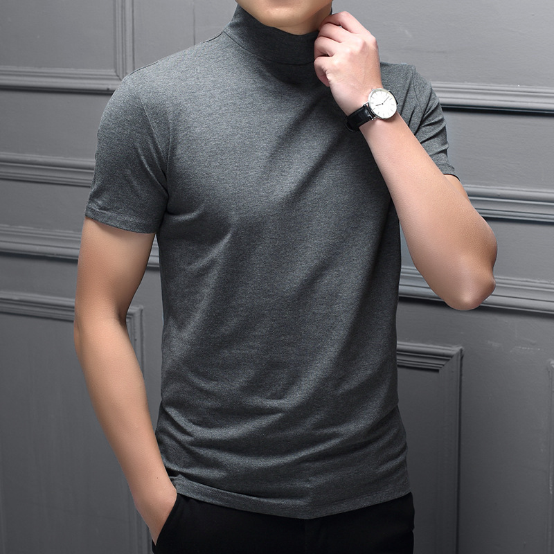 Dropshipping Spring and Summer Men's Half-Turtleneck Milk Silk Short-Sleeve Slim-Fit T-Shirt, Men's Solid Color High-Neck Trendy Base Shirt