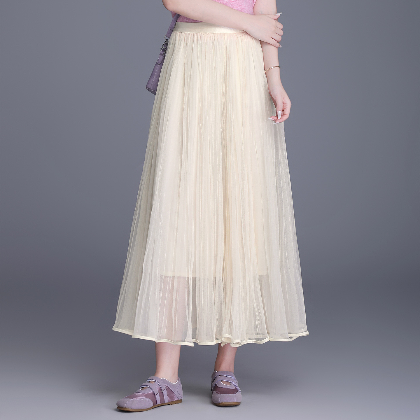 Wrinkled Mesh Skirt Korean Style High-Waisted Casual A-Line Skirt for Women 2026 Spring and Summer New Elegant Large Hem Mid-Length Skirt