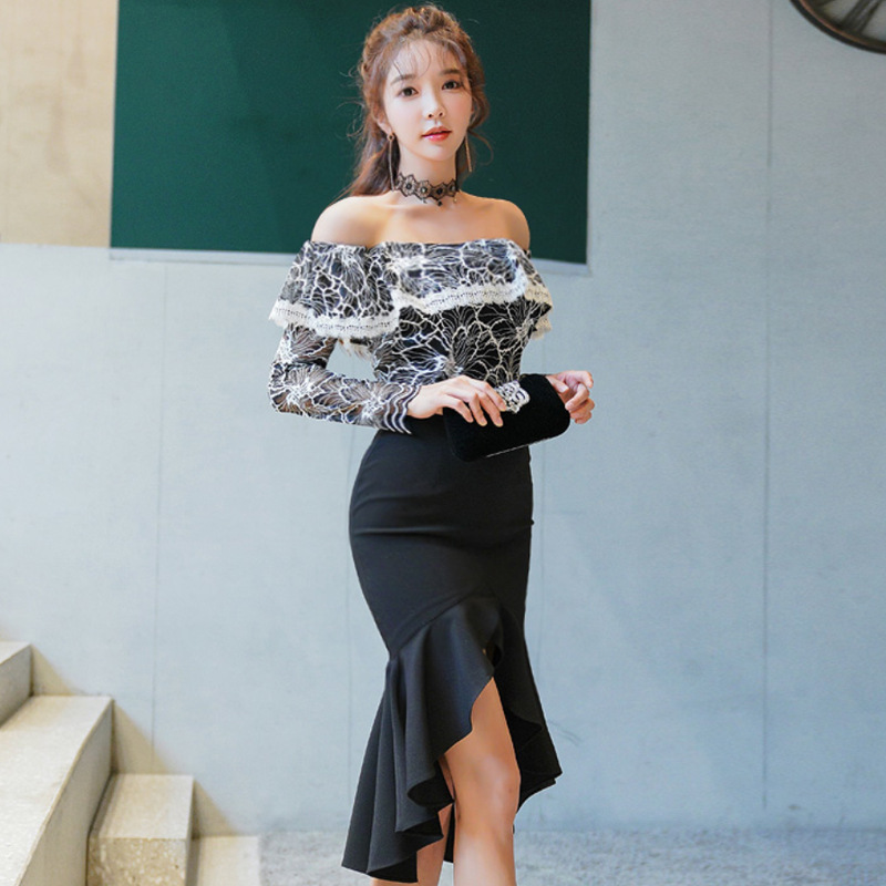 Cross-Border Sexy and Stylish Dress 2025 Autumn and Winter New Style Off-Shoulder Lace Ruffle Hip-Hugging Fishtail Dress for Women