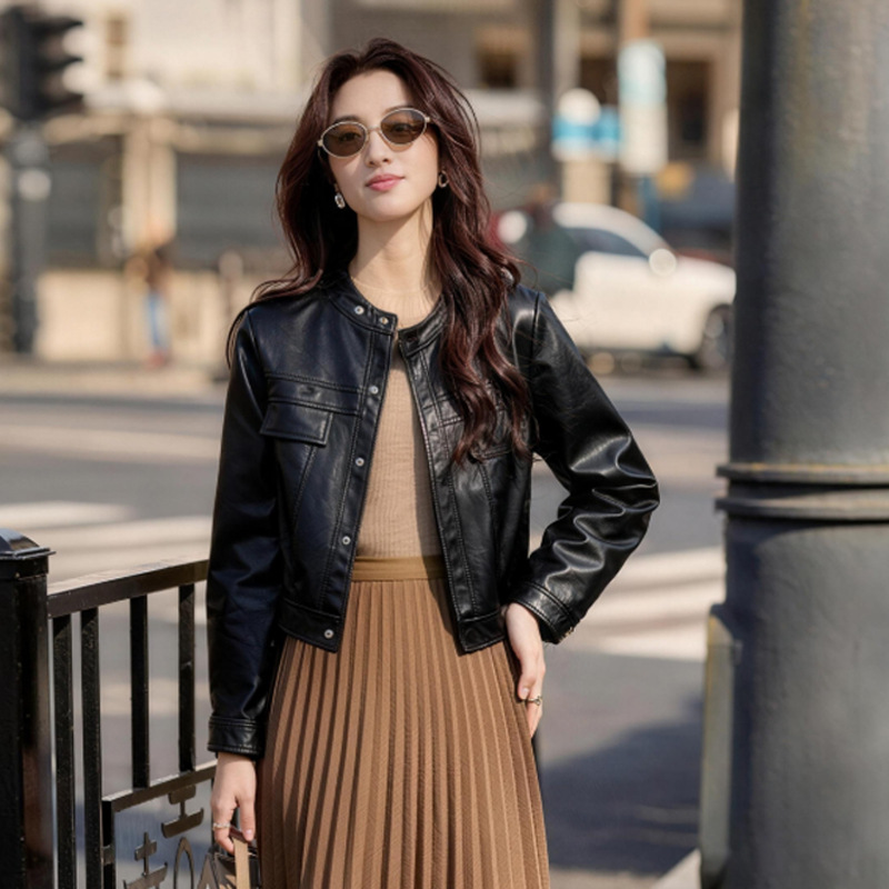 Coffee-Colored Cool and Stylish Leather Jacket for Women, 2026 Spring New Model, Slim Fit, Flattering, Versatile Biker Jacket for Petite Figures