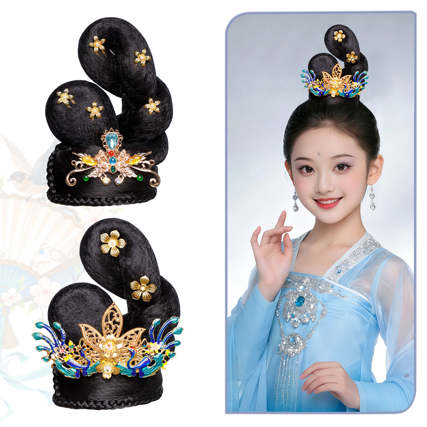 All-In-One Court-Style Ancient Costume Photo Shoot Versatile Girls' Performance Hair Accessories Ancient Style Hanfu Wig and Headwear Set