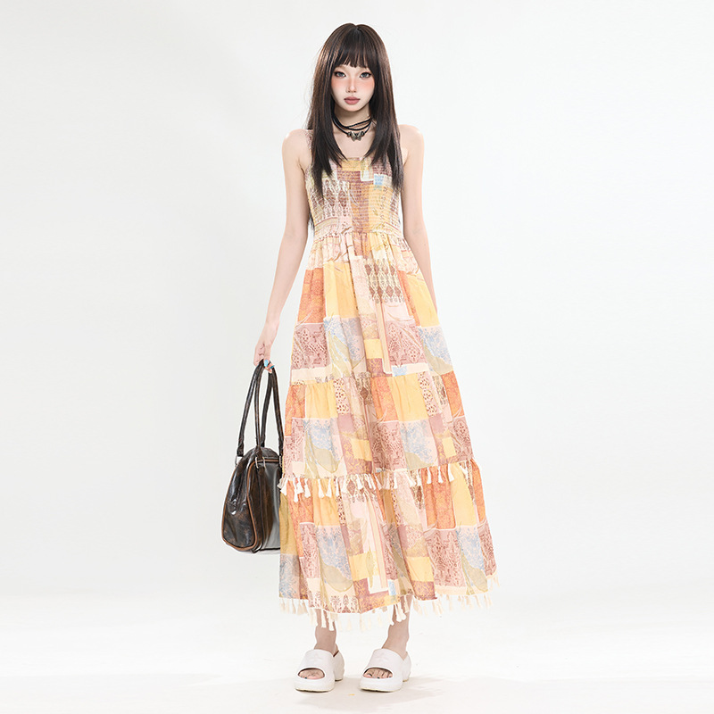Bohemian Style Printed Splicing Tassel Suspender Long Skirt Women's Summer Vacation Style Beach Waist Dress Suspender Skirt