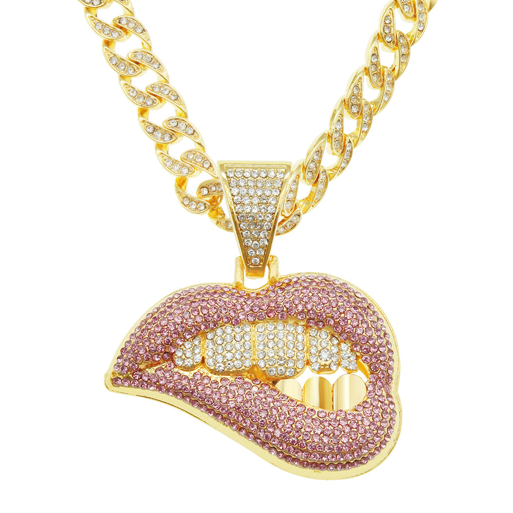 European and American Chaozhou Personality Pink Lip Diamond Tooth Pendant Necklace Men's Aggressive Cool Exaggerated Cuban Chain Accessories