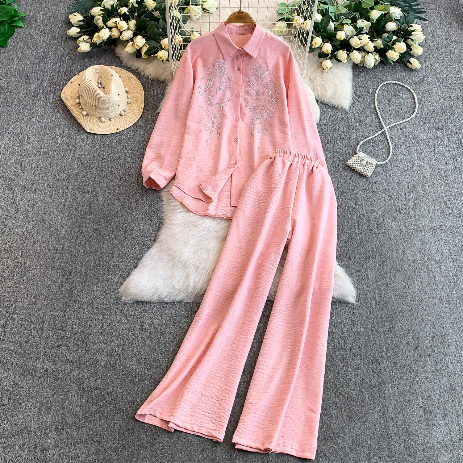 French-Style Versatile and Trendy Rhinestone-Embellished Long-Sleeve Sun-Protective Shirt + Casual Loose-Fitting Slimming Wide-Leg Pants Two-Piece Set