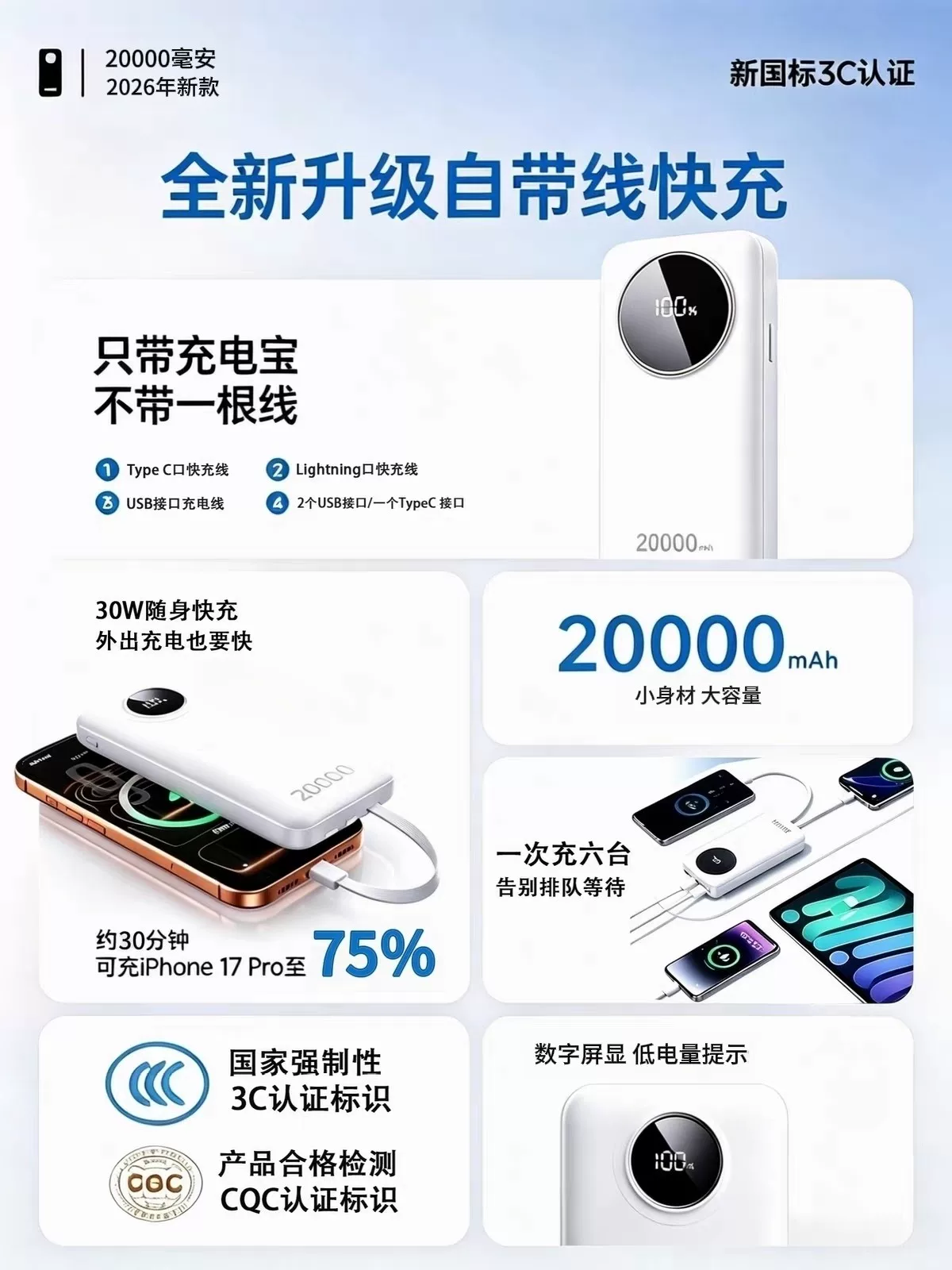 [Power Bank with 3C Certification That Can Be Taken on the Plane] 2026 New Model Fast Charging Large Capacity 20000Mah Portable Power Bank with Built-In Cable, New National Standard Portable Power Bank Suitable for Apple, Huawei, Xiaomi