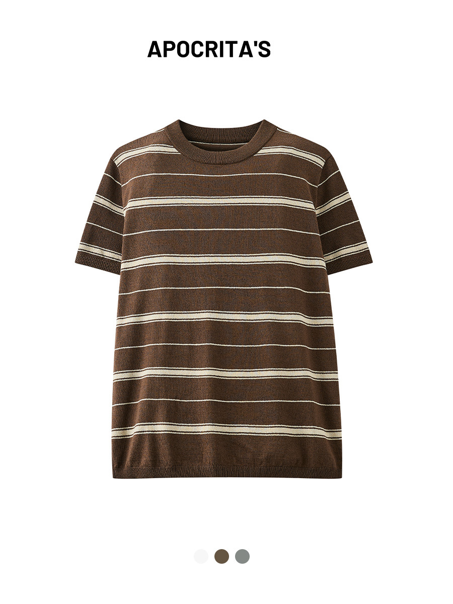 Apo Men's Clothing | Cross-Border Color-Block Striped Short-Sleeve Knit Shirt for Men, Summer Thin Style, Old Money Style, High-End Feel, Crew Neck Top.