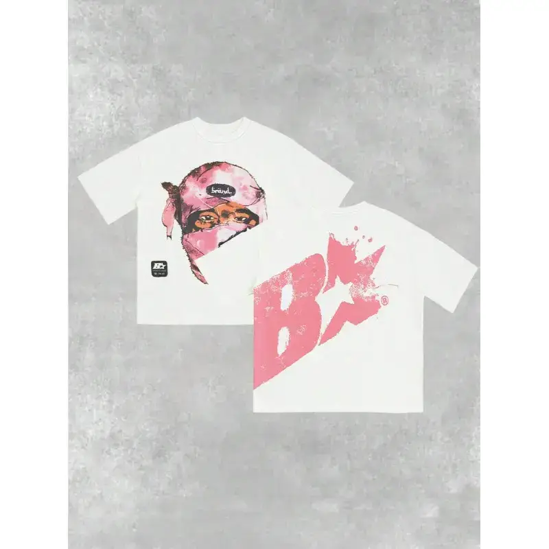 American Street Fashion Brand Street Style Pink Masked Portrait Print Cross-Border Best-Selling Short-Sleeved Couple Student Style
