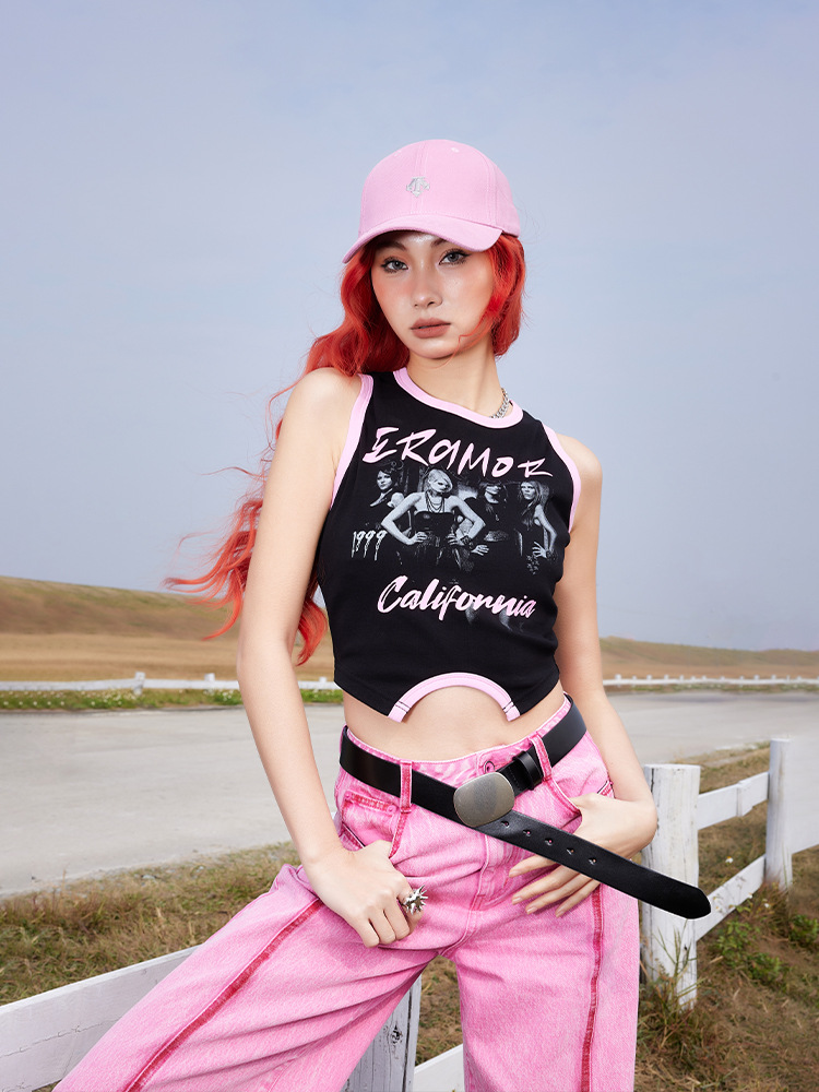 Tuo Gu American-Style Spicy Girl Tight-Fitting Tank Top with Printed Straps, New Summer Slim-Fit Sleeveless Short Crop Top for Women