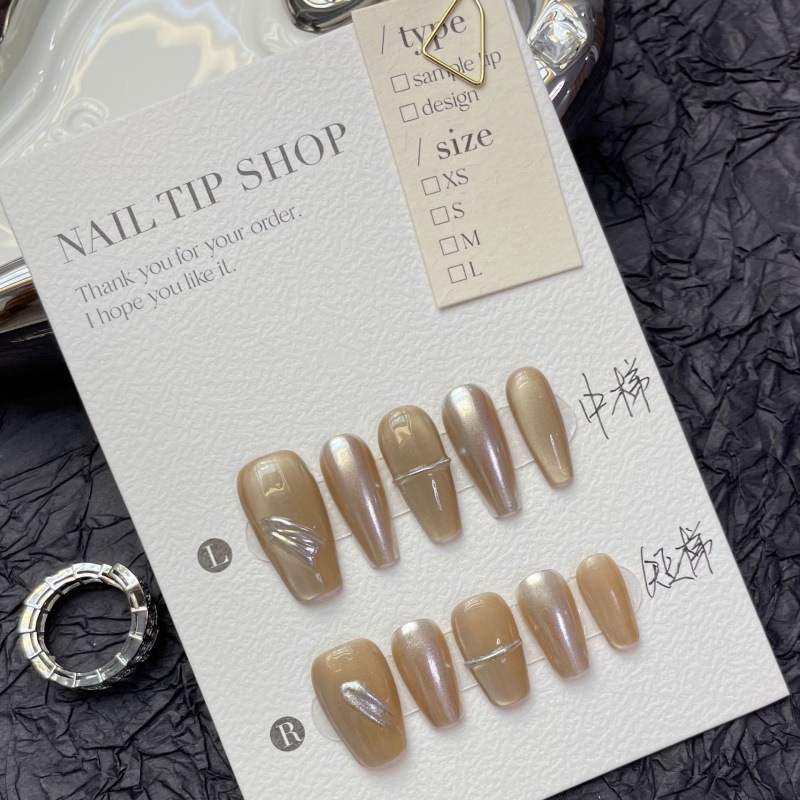 Nude color metal mirror cat eye handmade nail simple color oat Iron finished fake nail handmade wear nail piece