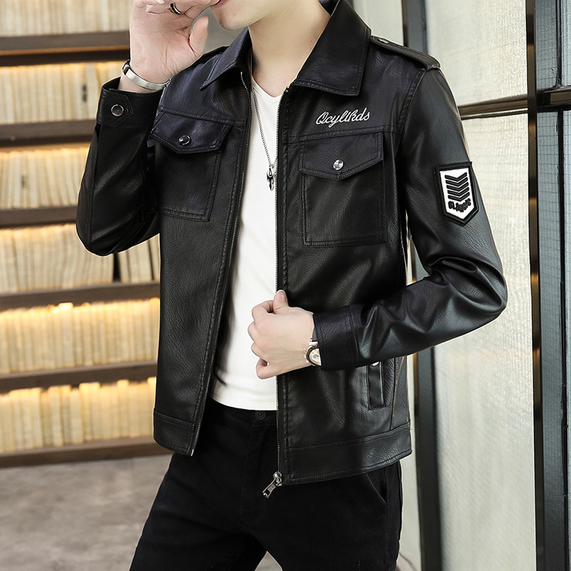 Cross-border Spring and Autumn New Men's Leather Motorcycle Short Slim-fit Korean Style Vertical Collar Leather Jacket Casual Coat Top