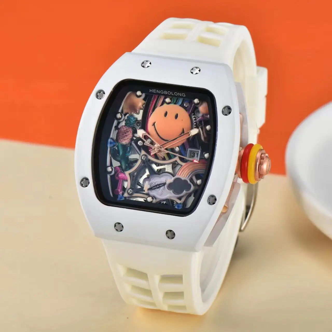 Factory Direct Sales Live Broadcast Foreign Trade Waterproof Smiling Face Silicone Richard Quartz Colorful Fake Mechanical Swing Wheel Fashion Calendar