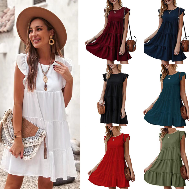 2026 European and American Amazon Summer New Solid Color Round Neck Short-Sleeve Dress Casual Cake Dress Pleated Flared Skirt