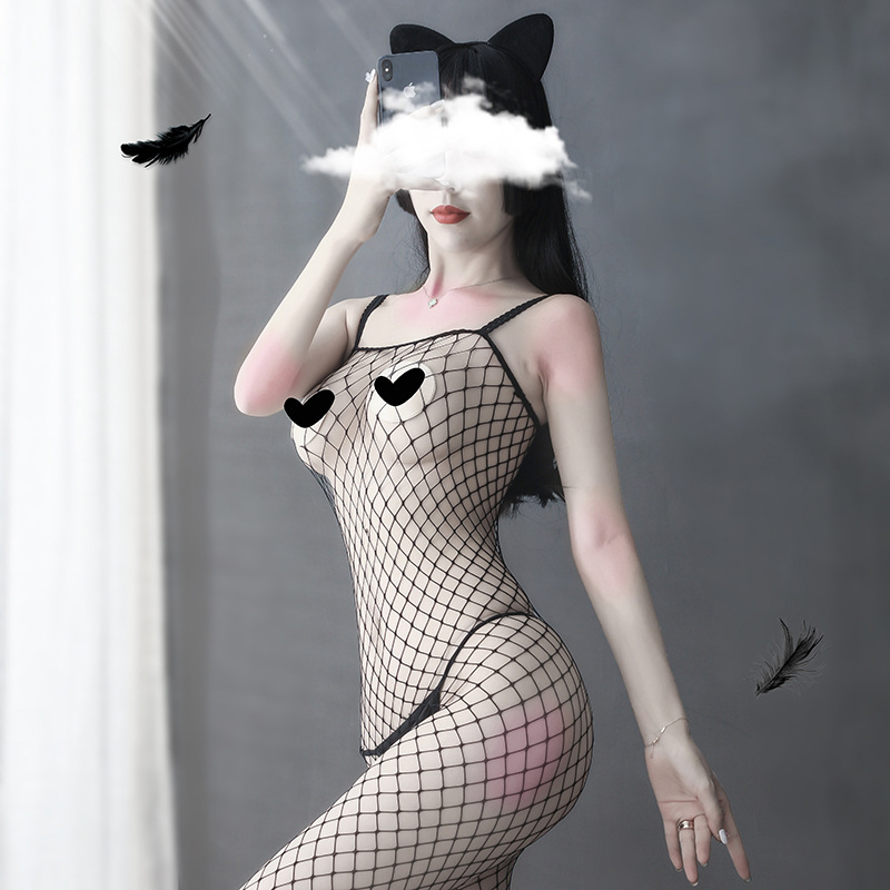 Sexy Suspender-Style Large Mesh Lingerie, Cute Hollow-Out Dress with Fishnet Stockings 115