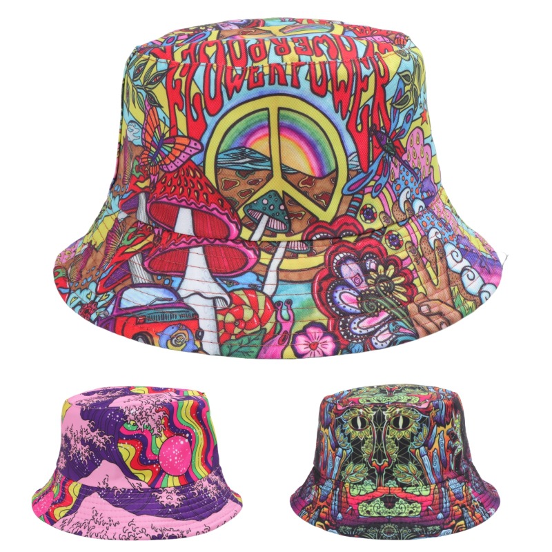 Cross-border fashion graffiti double-sided basin hat men's and women's retro all-match printing fisherman hat sunscreen sun hat
