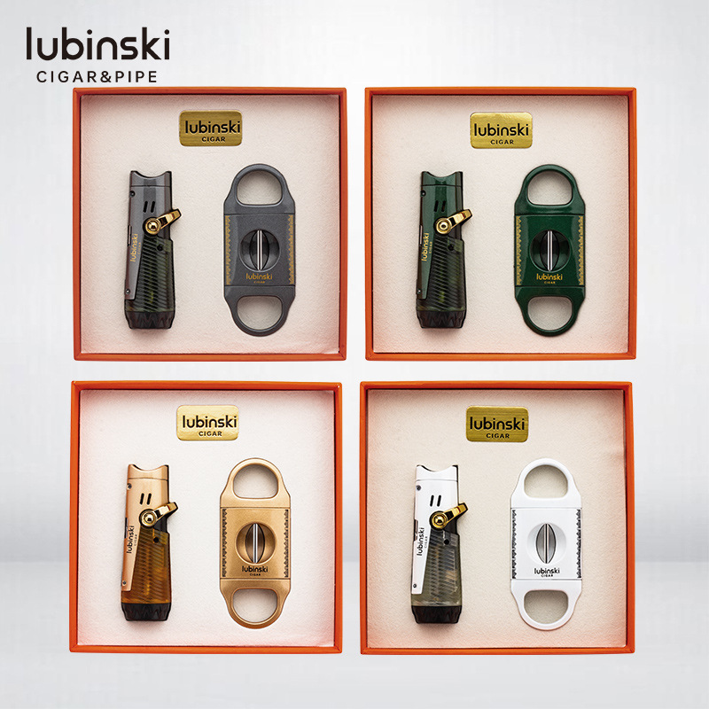 Rubinski Cigar Set Portable Multi-Functional Blue Flame Single Straight Lighter V-Shaped Cigar Cutter Two-Piece Set