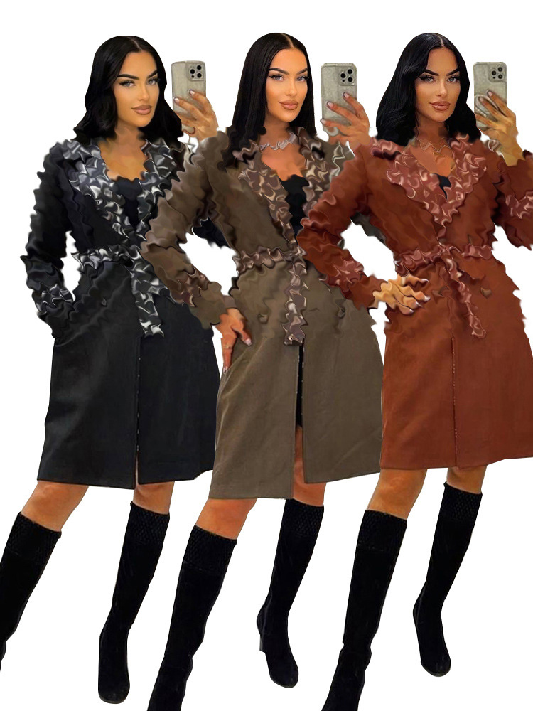 Y71377 Amazon 2023 Winter New Lady Style Belt Lining Long Woolen Outwear in Stock