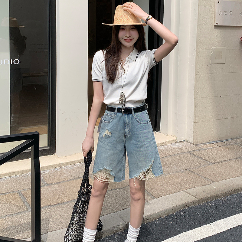 [Free Belt] Blue Denim Quarter Pants Women's Slimming 2025 Spring and Summer New Design Ripped Mid-Pants