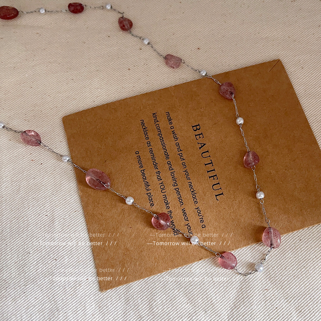 Vigor Girl ~ Sweet Pink Strawberry Crystal Necklace Women's Fresh Pearl Clavicle Chain High-end Fashion Necklace Chain