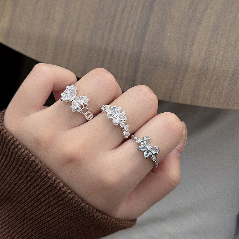 Versatile Commuter Style Sweet Girl Fairy-Like Light Luxury Butterfly Full Diamond Zircon Open Ring Niche High-End Stackable Ring for Women