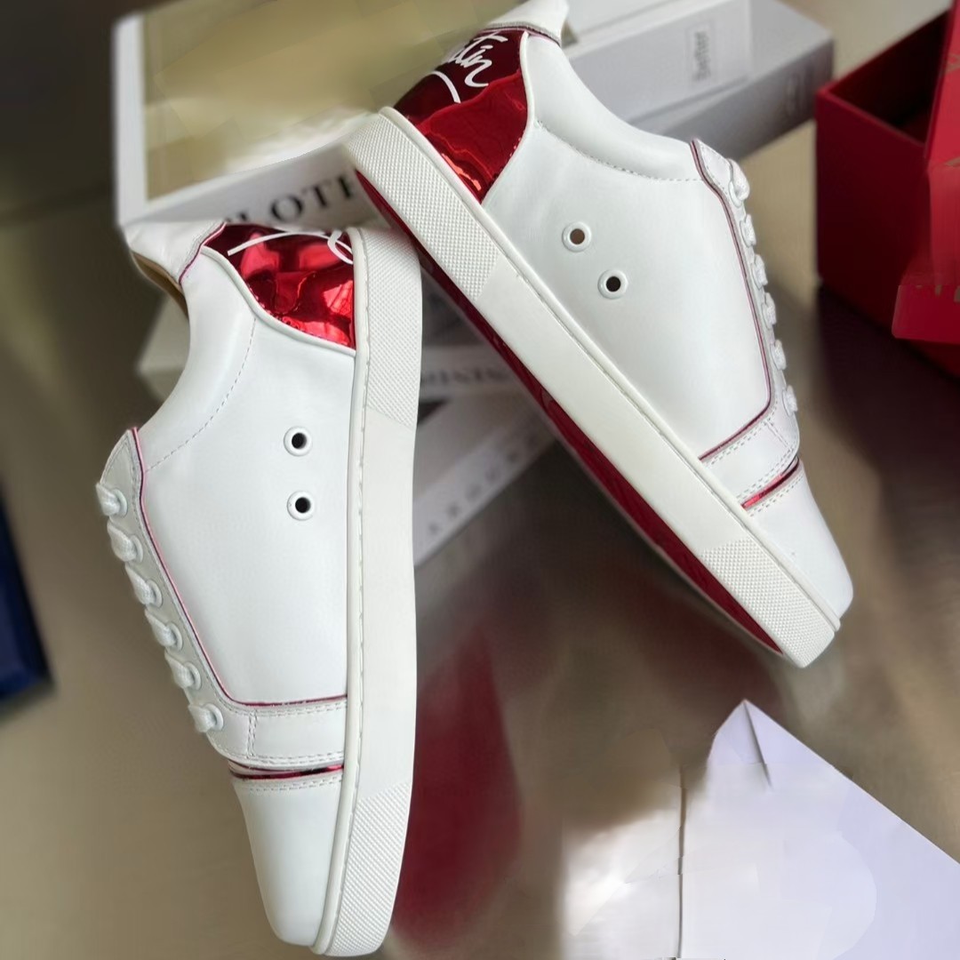 New Red-Soled Shoes Letter Graffiti Men's Shoes Genuine Leather Toe Rivets Rhinestone Low-Top Sneakers Couple Women's Shoes Foreign Trade