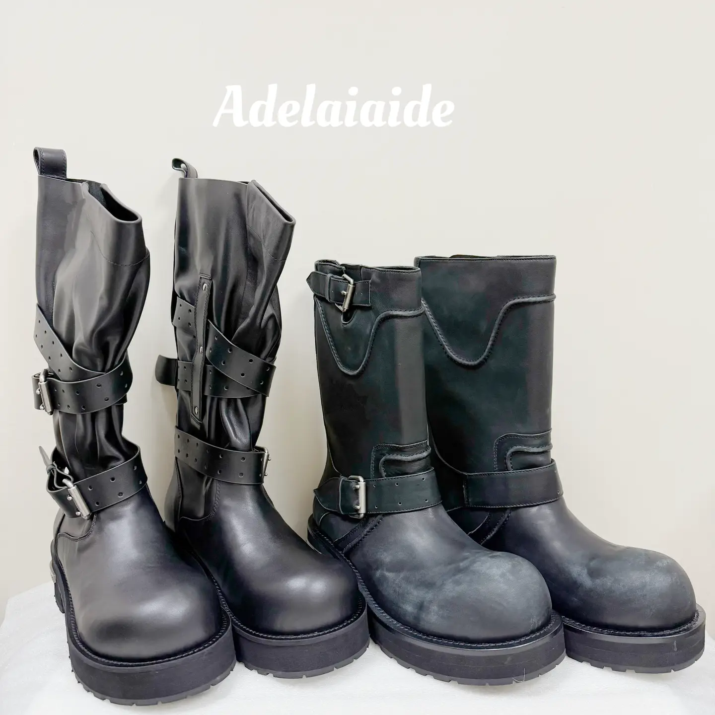 2025 couple's Venom boots with ancient belt buckle, big toe boots made of genuine leather, dark black, wide tube, middle tube, high tube
