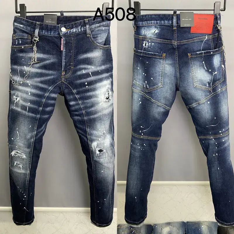 A508 2023D2 Stitching Tapered Hole Men's Denim Pants Quadratic Cross-border Jeans European and American Fashion Brand