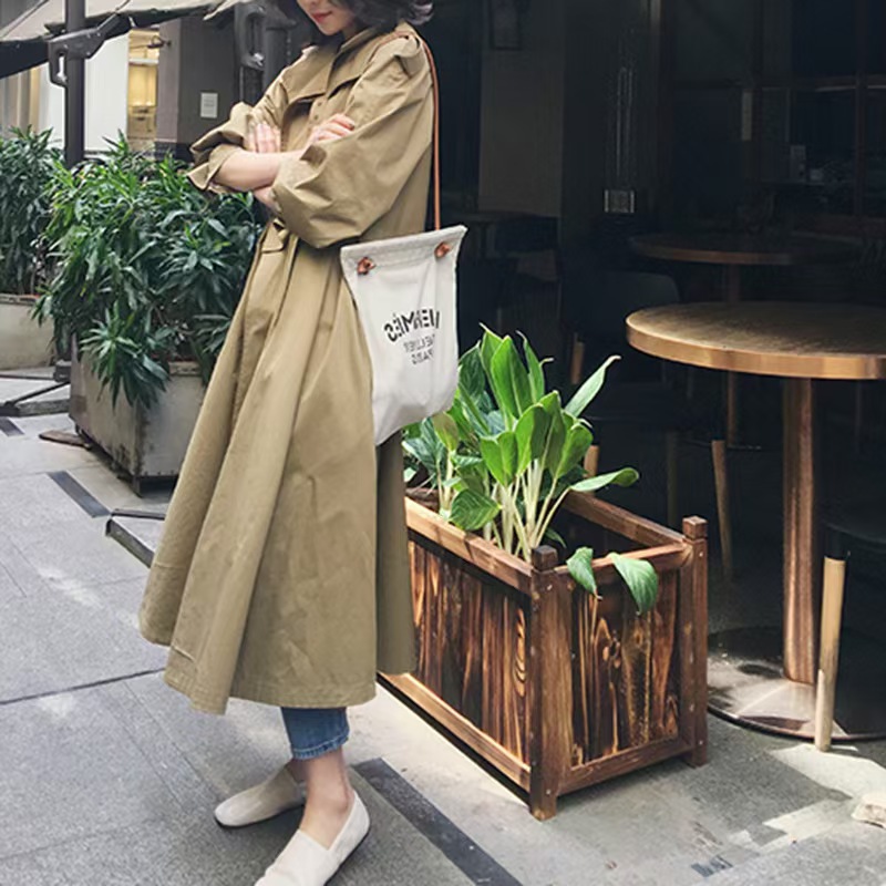 Simeng Elegant khaki Long Trench Coat Women's 2024 New Popular Korean Retro Hong Kong Style Thin Coat