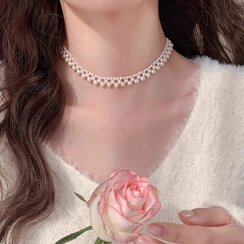 French Retro Style Simple Geometric Beaded Pearl Necklace Accessories Women's Sweater Chain Light Luxury High-End Necklace