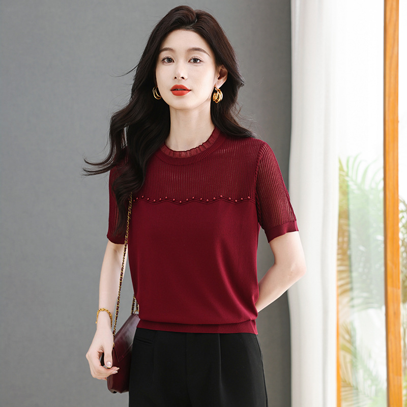 High-End Design Lace Mulberry Silk Short-Sleeve T-Shirt for Women, Loose and Slimming Ice Silk Breathable Knit Top